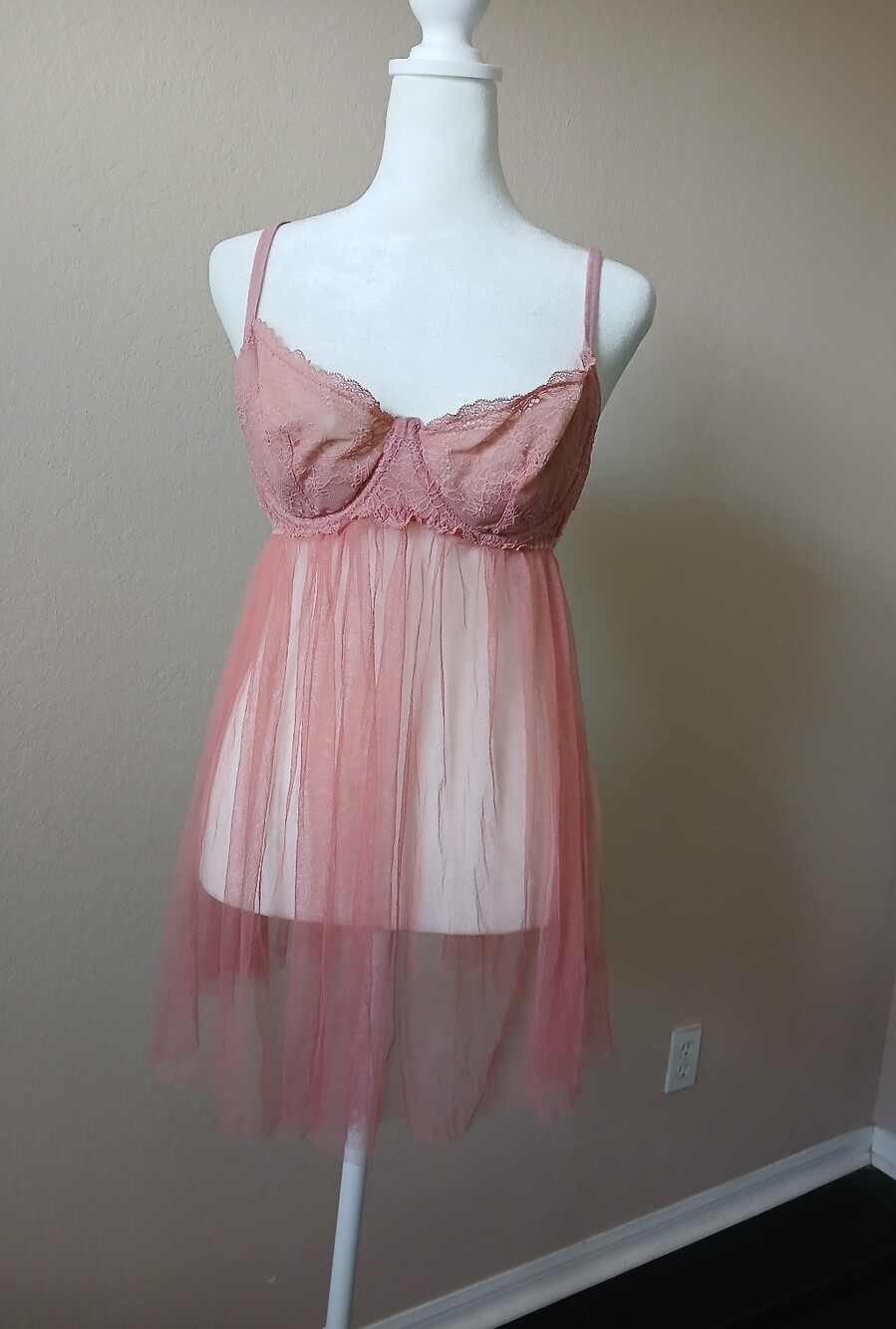 Sheer Lace Babydoll Nightdress in Dusty Rose